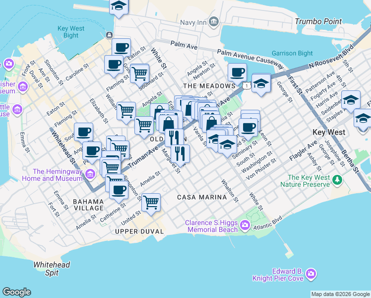 map of restaurants, bars, coffee shops, grocery stores, and more near 1113 Grinnell Street in Naval Air Station Key West
