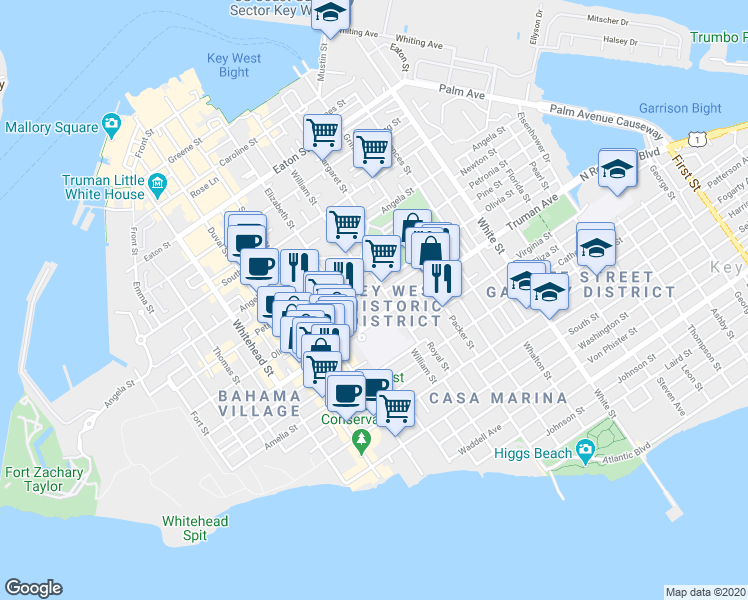 map of restaurants, bars, coffee shops, grocery stores, and more near 726-1/2 Olivia Street in Key West