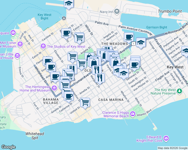 map of restaurants, bars, coffee shops, grocery stores, and more near 911 Virginia Street in Key West
