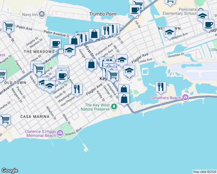 map of restaurants, bars, coffee shops, grocery stores, and more near 1804 Venetia Street in Key West