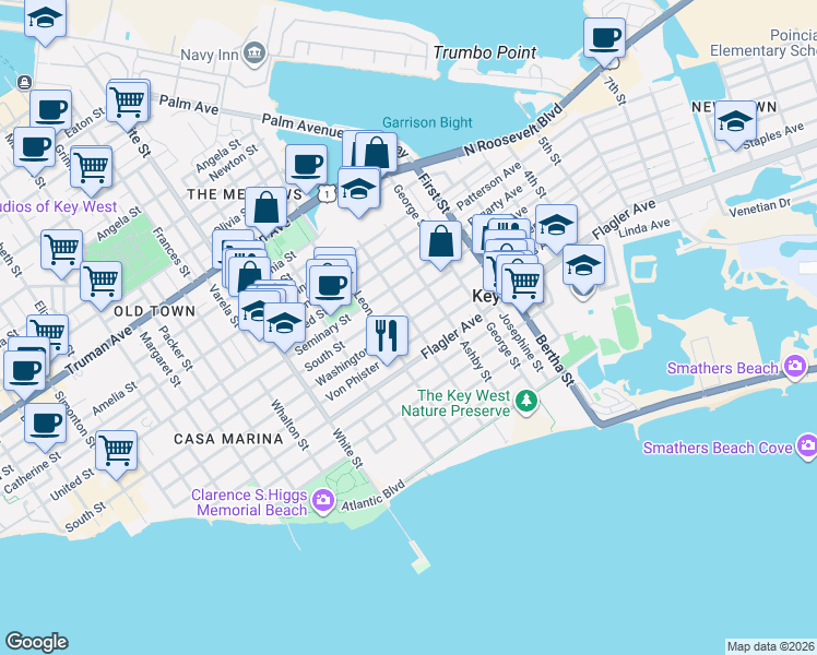 map of restaurants, bars, coffee shops, grocery stores, and more near 1407 Leon Street in Naval Air Station Key West