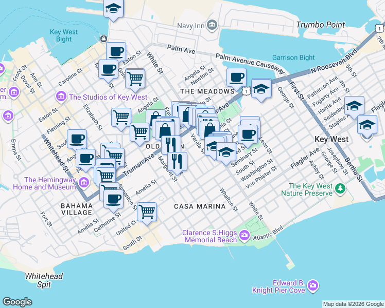 map of restaurants, bars, coffee shops, grocery stores, and more near 1113 Watson Street in Key West