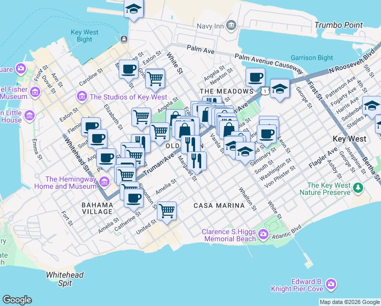 map of restaurants, bars, coffee shops, grocery stores, and more near 911 Virginia Street in Key West