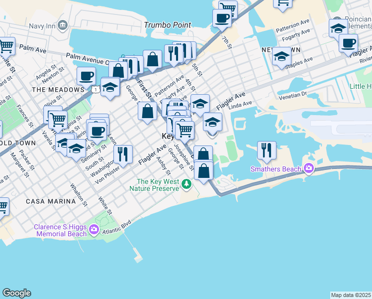 map of restaurants, bars, coffee shops, grocery stores, and more near 1804 Venetia Street in Key West