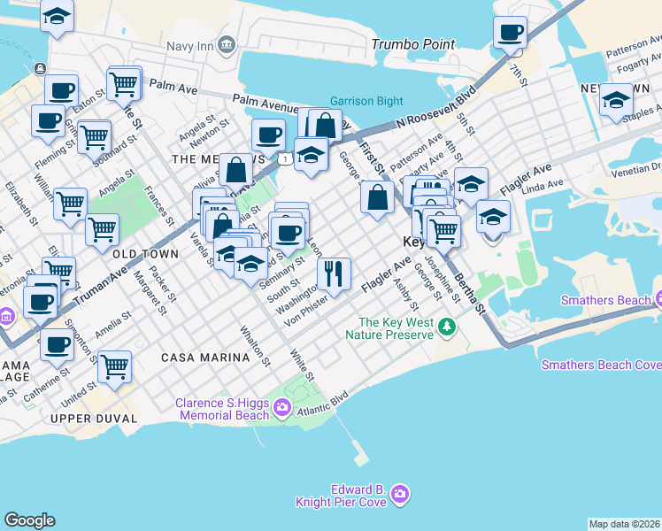 map of restaurants, bars, coffee shops, grocery stores, and more near 1407 Leon Street in Naval Air Station Key West
