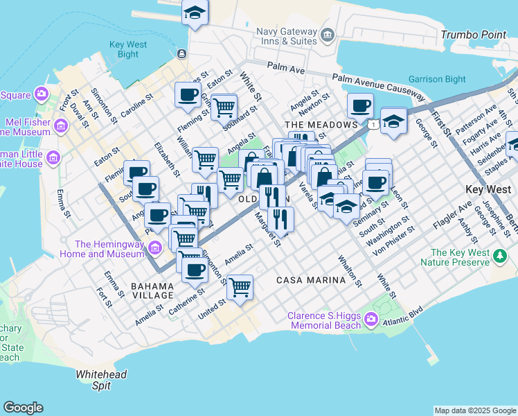 map of restaurants, bars, coffee shops, grocery stores, and more near 911 Virginia Street in Key West