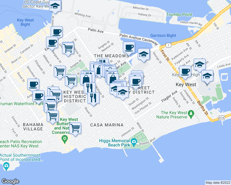 map of restaurants, bars, coffee shops, grocery stores, and more near 1210 Varela Street in Key West