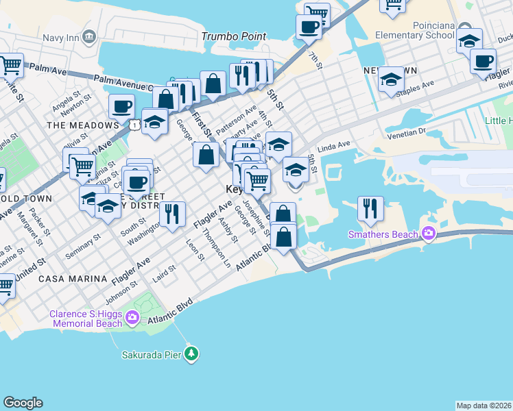 map of restaurants, bars, coffee shops, grocery stores, and more near 1804 Venetia Street in Key West