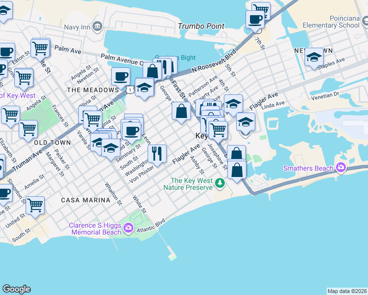 map of restaurants, bars, coffee shops, grocery stores, and more near 1603 Flagler Avenue in Key West