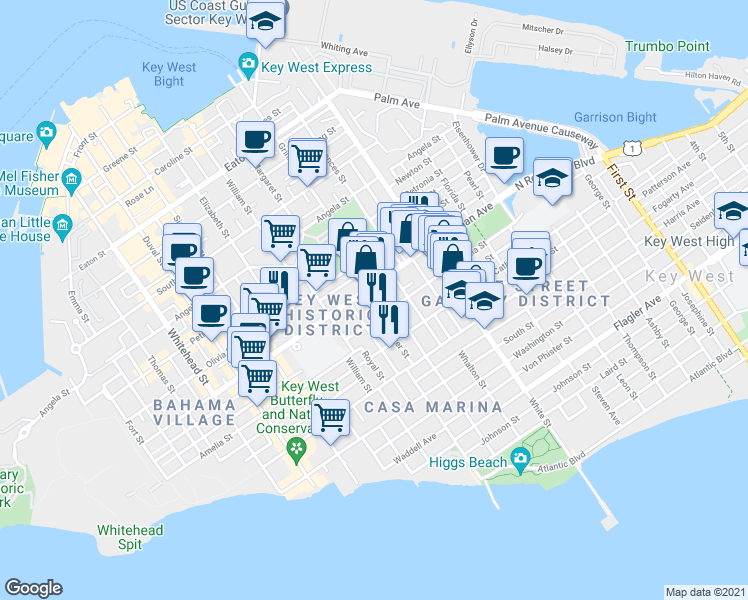 map of restaurants, bars, coffee shops, grocery stores, and more near 911 Virginia Street in Key West