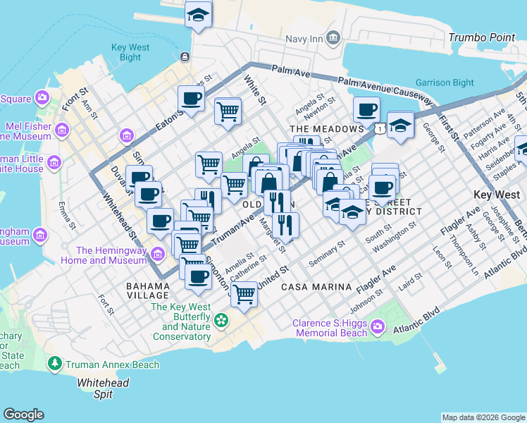 map of restaurants, bars, coffee shops, grocery stores, and more near 911 Virginia Street in Key West