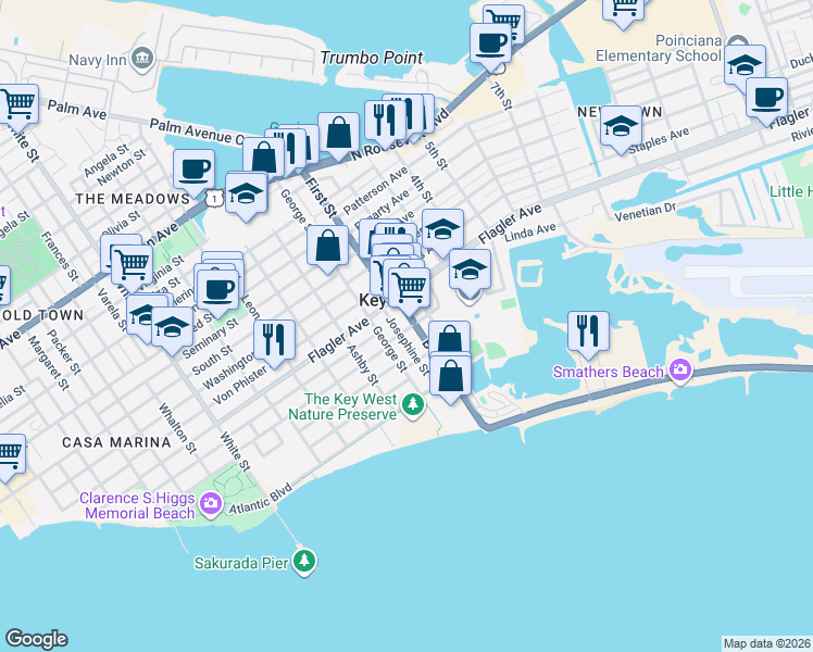 map of restaurants, bars, coffee shops, grocery stores, and more near 1804 Venetia Street in Key West