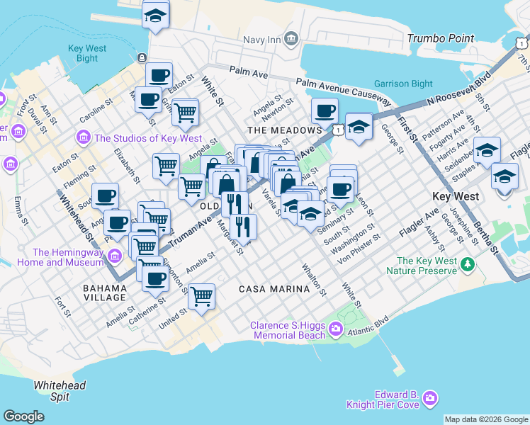 map of restaurants, bars, coffee shops, grocery stores, and more near 1113 Grinnell Street in Naval Air Station Key West