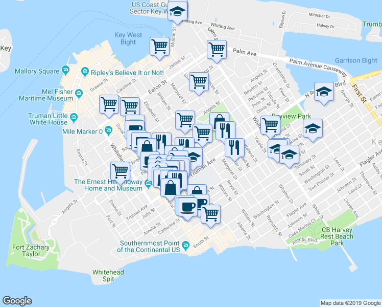 map of restaurants, bars, coffee shops, grocery stores, and more near 717 Poor House Lane in Key West