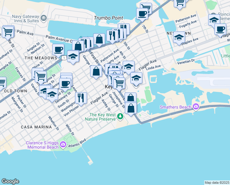 map of restaurants, bars, coffee shops, grocery stores, and more near in East Rockland Key