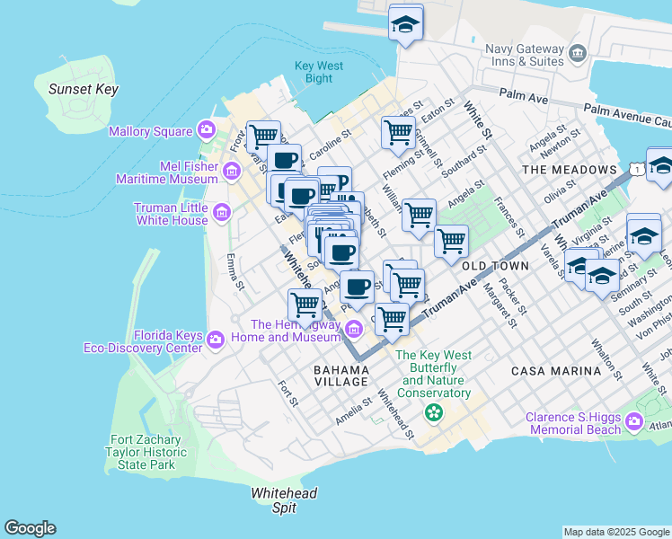 map of restaurants, bars, coffee shops, grocery stores, and more near 610 Josephine Parker Way in Key West