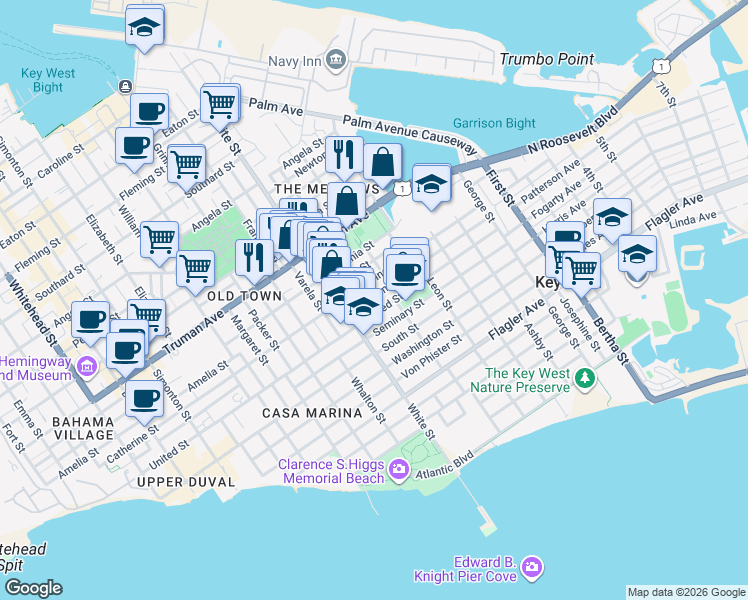 map of restaurants, bars, coffee shops, grocery stores, and more near 1318 Duncan Street in Key West