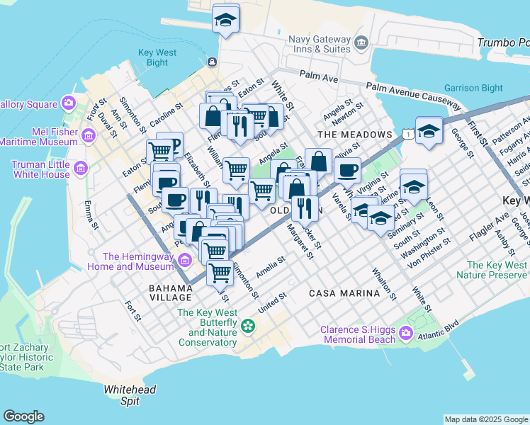 map of restaurants, bars, coffee shops, grocery stores, and more near 814 Windsor Lane in Key West