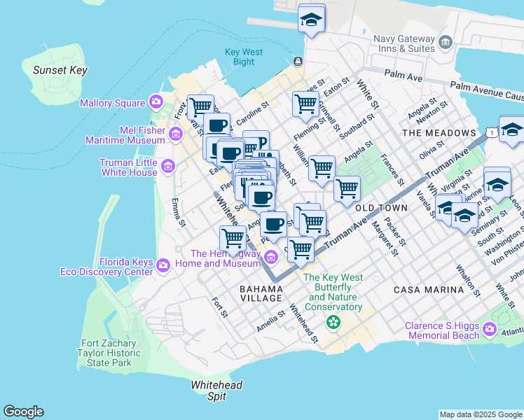 map of restaurants, bars, coffee shops, grocery stores, and more near 610 Josephine Parker Way in Key West