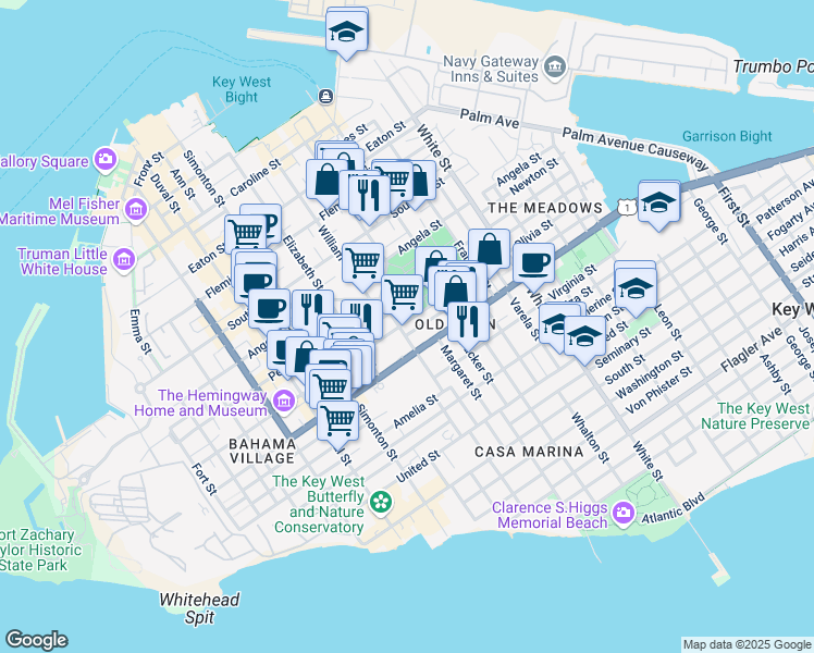map of restaurants, bars, coffee shops, grocery stores, and more near 814 Windsor Lane in Key West