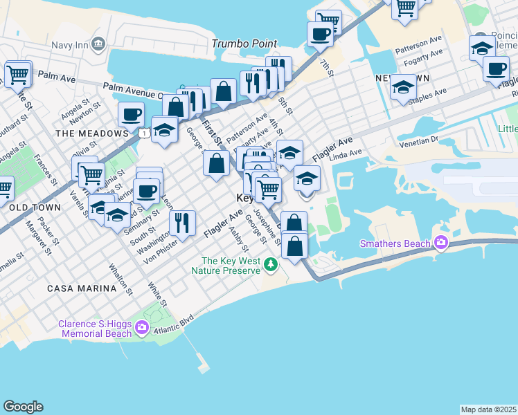 map of restaurants, bars, coffee shops, grocery stores, and more near in Key West