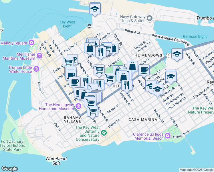 map of restaurants, bars, coffee shops, grocery stores, and more near 814 Windsor Lane in Key West