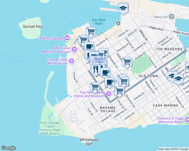 map of restaurants, bars, coffee shops, grocery stores, and more near 526-528 Duval Street in Key West
