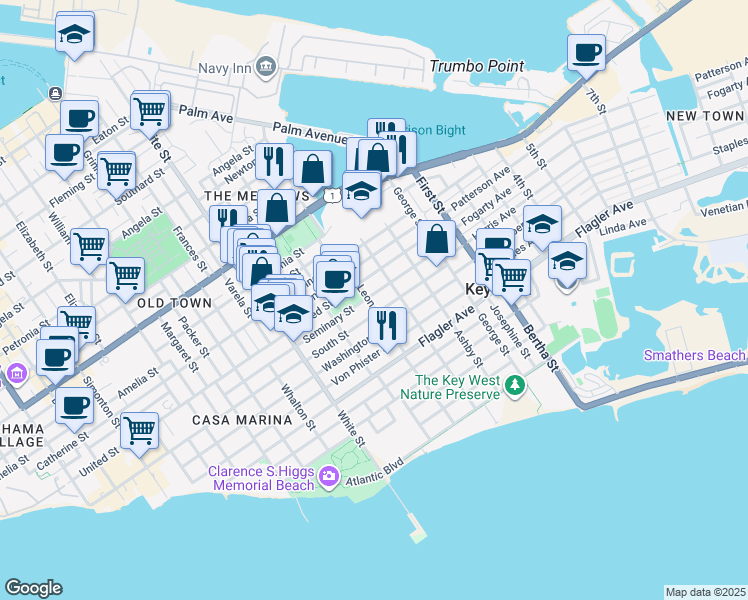 map of restaurants, bars, coffee shops, grocery stores, and more near 1500 United Street in Key West