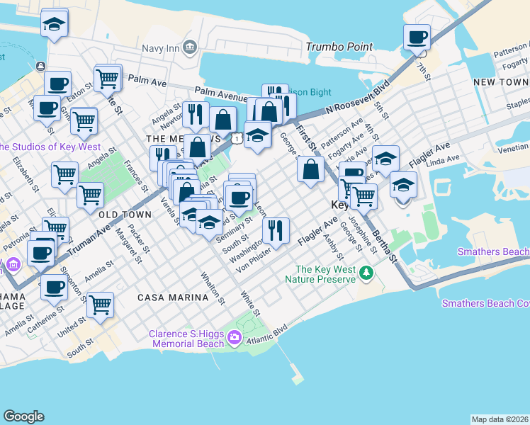 map of restaurants, bars, coffee shops, grocery stores, and more near 1500 United Street in Key West