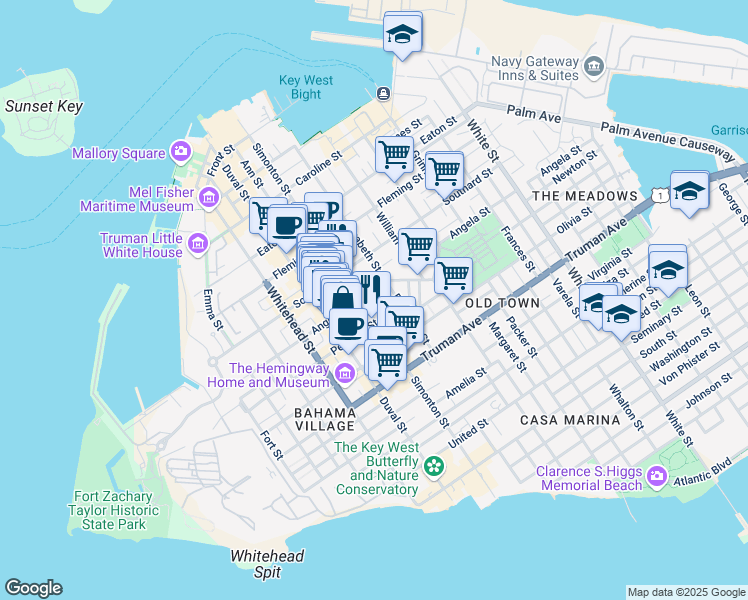 map of restaurants, bars, coffee shops, grocery stores, and more near 618 Angela Street in Key West