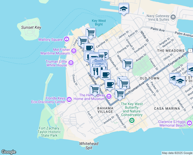 map of restaurants, bars, coffee shops, grocery stores, and more near 526-528 Duval Street in Key West