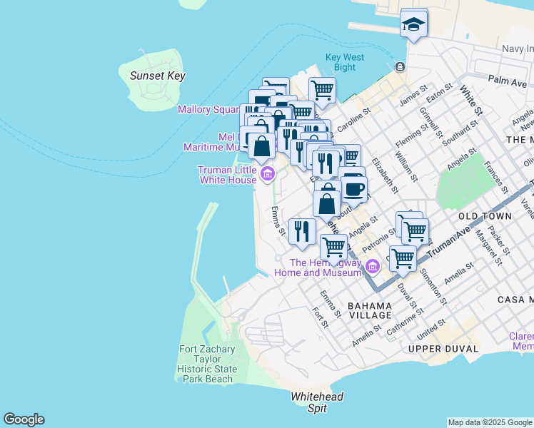 map of restaurants, bars, coffee shops, grocery stores, and more near 105 Front Street in Key West