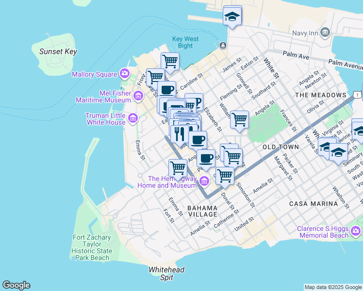 map of restaurants, bars, coffee shops, grocery stores, and more near 526-528 Duval Street in Key West