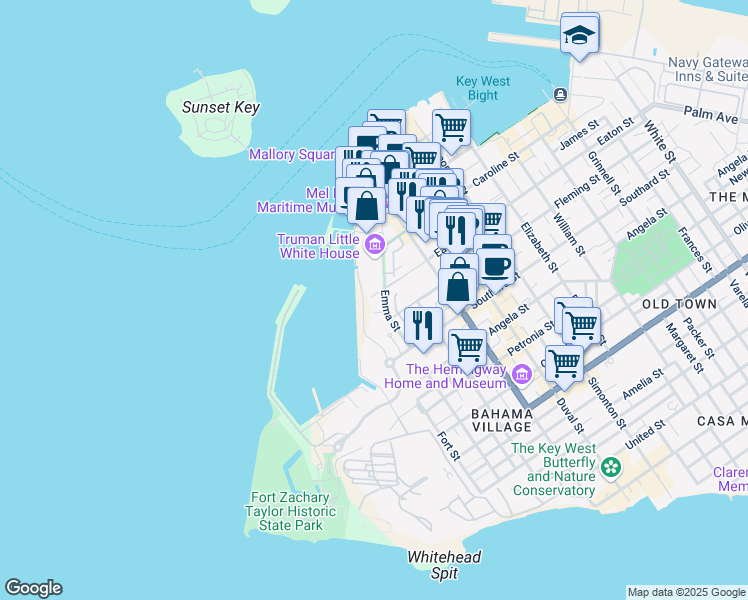 map of restaurants, bars, coffee shops, grocery stores, and more near 105 Front Street in Key West
