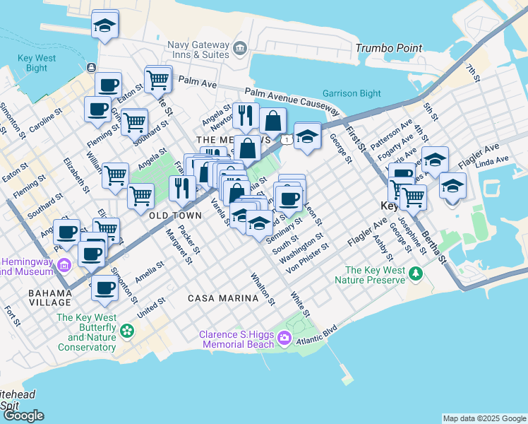 map of restaurants, bars, coffee shops, grocery stores, and more near 1121 Georgia Street in Key West