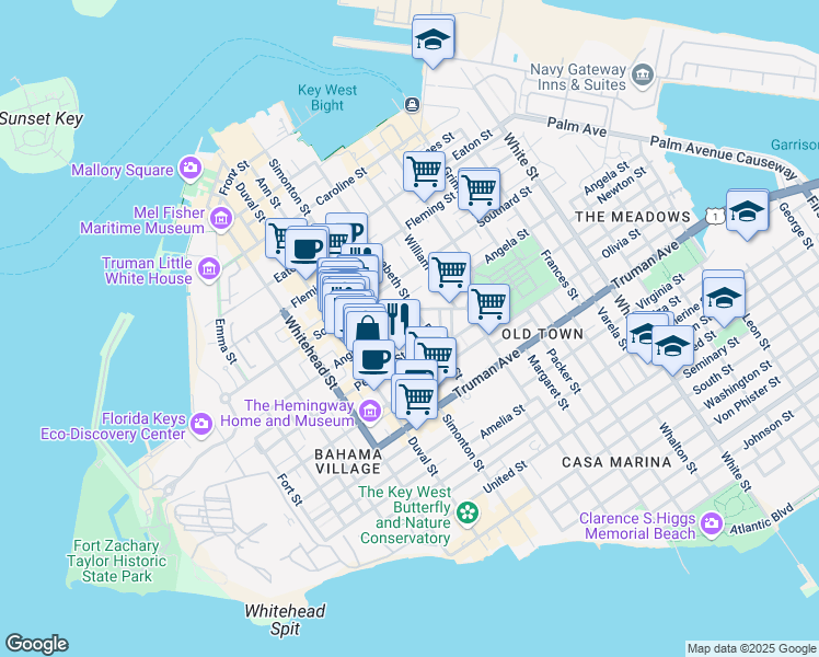 map of restaurants, bars, coffee shops, grocery stores, and more near 618 Angela Street in Key West