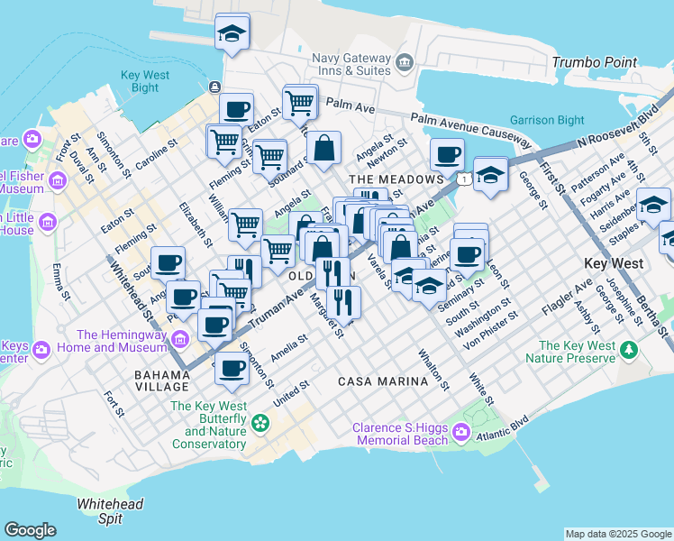 map of restaurants, bars, coffee shops, grocery stores, and more near 1001 Grinnell Street in Key West