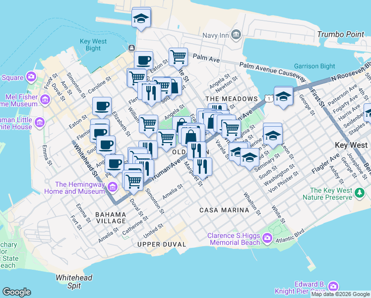 map of restaurants, bars, coffee shops, grocery stores, and more near 832 Olivia Street in Key West