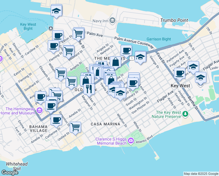 map of restaurants, bars, coffee shops, grocery stores, and more near 1102 White Street in Key West