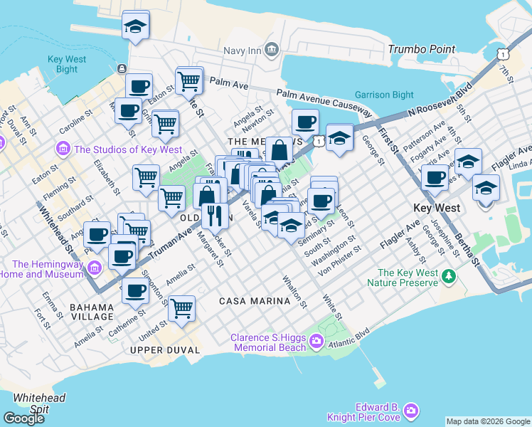 map of restaurants, bars, coffee shops, grocery stores, and more near 1102 White Street in Key West