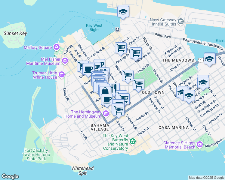 map of restaurants, bars, coffee shops, grocery stores, and more near 618 Angela Street in Key West