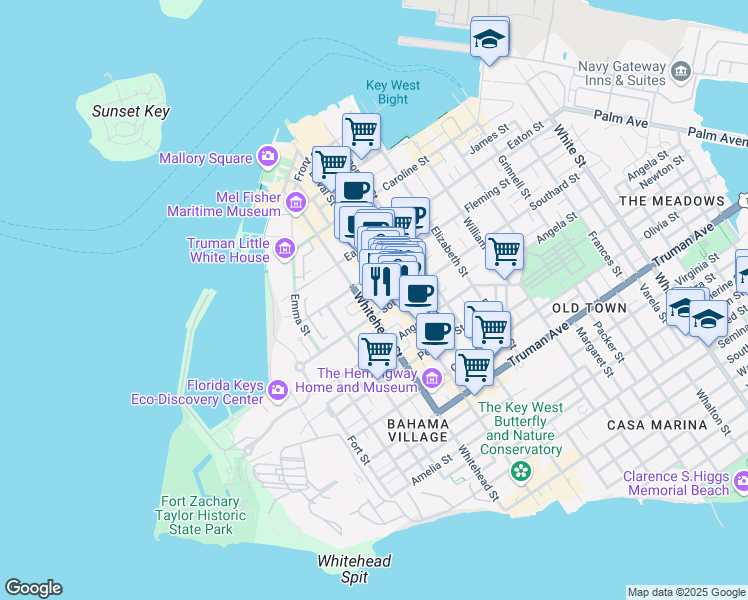 map of restaurants, bars, coffee shops, grocery stores, and more near 526-528 Duval Street in Key West