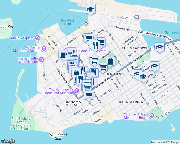map of restaurants, bars, coffee shops, grocery stores, and more near 710 Galveston Lane in Key West
