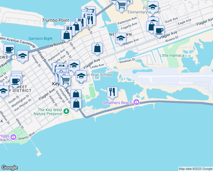 map of restaurants, bars, coffee shops, grocery stores, and more near in Key West