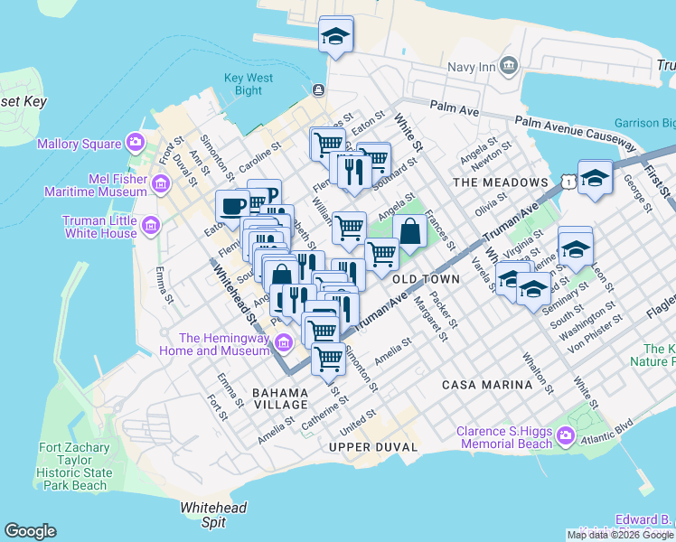 map of restaurants, bars, coffee shops, grocery stores, and more near 710 Galveston Lane in Key West