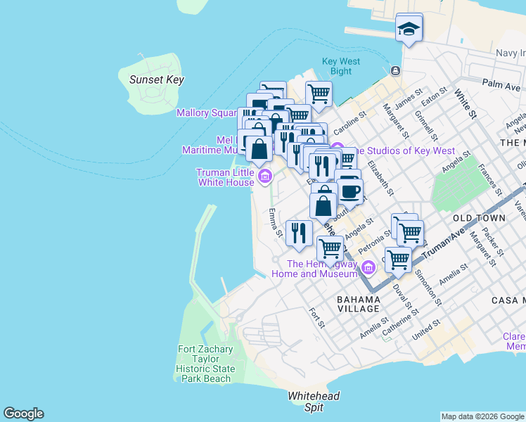 map of restaurants, bars, coffee shops, grocery stores, and more near 105 Front Street in Key West