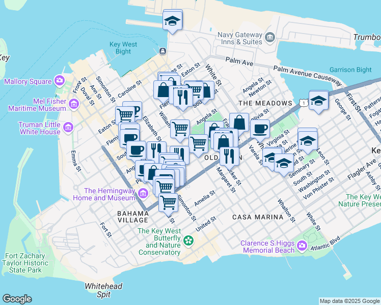 map of restaurants, bars, coffee shops, grocery stores, and more near 814 Windsor Lane in Key West