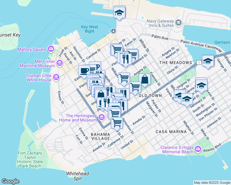 map of restaurants, bars, coffee shops, grocery stores, and more near 710 Galveston Lane in Key West