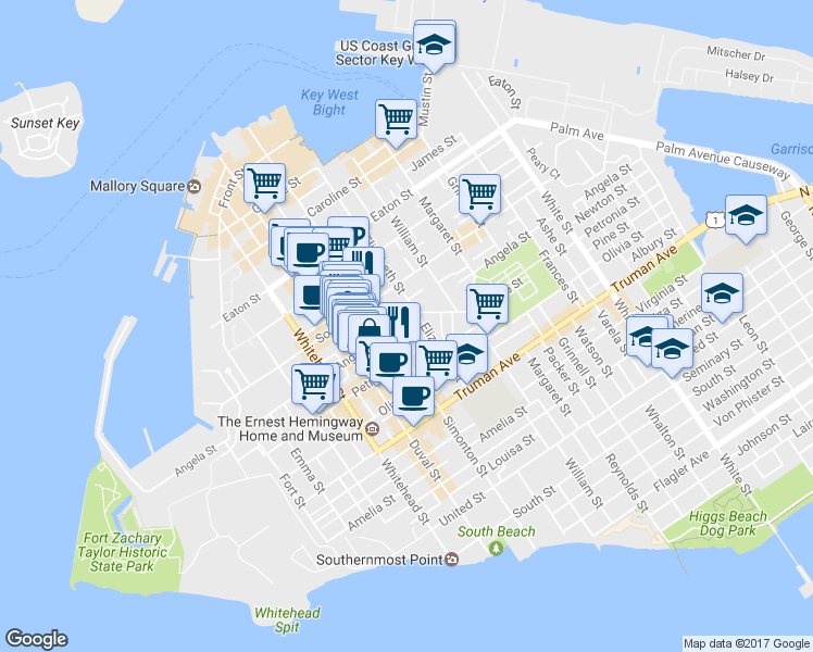 map of restaurants, bars, coffee shops, grocery stores, and more near 618 Angela Street in Key West