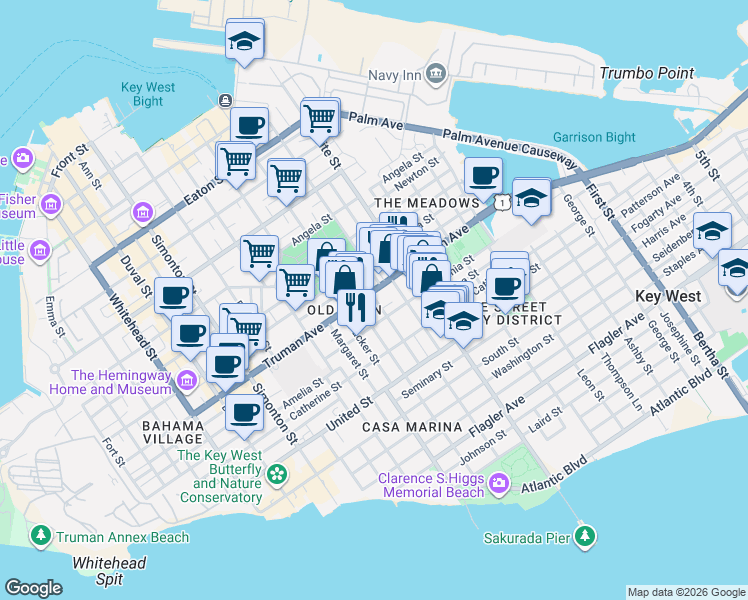 map of restaurants, bars, coffee shops, grocery stores, and more near 1020 Watson Street in Key West